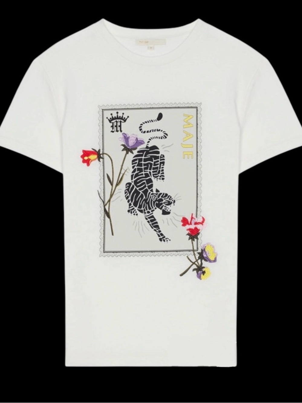 🐅 Maje White Tee with Black Tiger Stamp and Floral Embroidery SZ 1 / SM🥀 - Picture 6 of 17